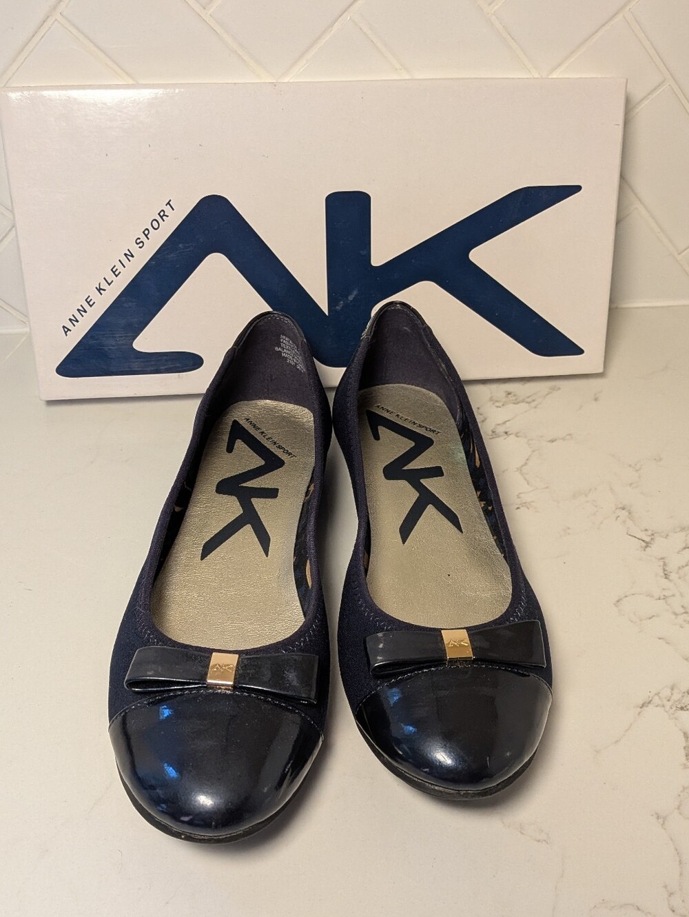 Anne Klein Sport Black Patent Cap Toe Bow Ballet Flats- 7 Preppy Balletcore